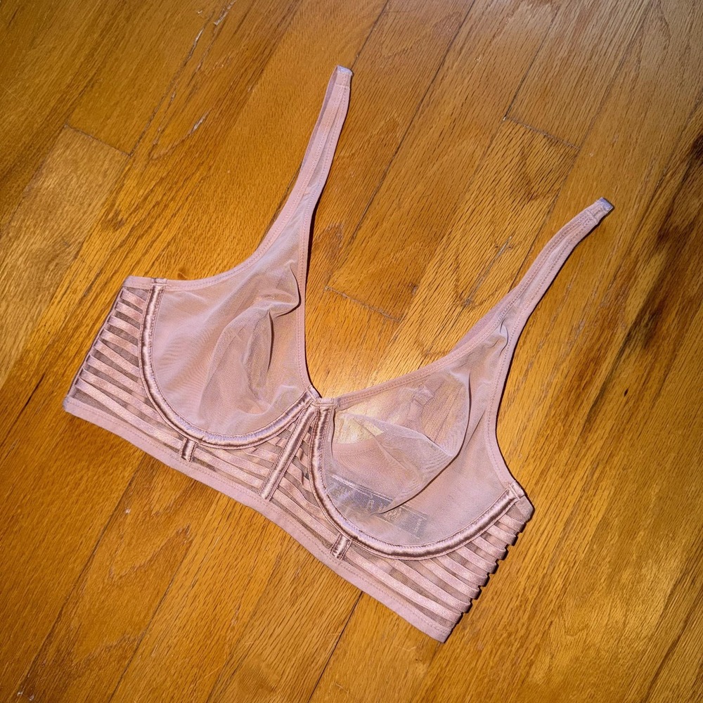 Victoria's Secret Bra 32D Pink Unlined Plunge Mesh Strappy Sheer Longline